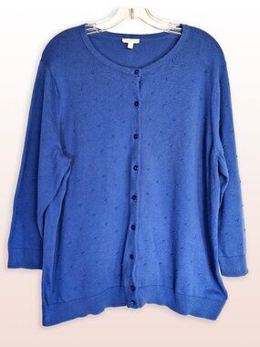 Talbots Royal Blue Swiss Dot 3/4 Sleeve Button Up Cardigan Size 2X
